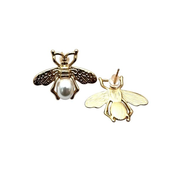 Bee Bug Earrings Pierced Faux Pearl Gold Tone Chandelier New - Picture 2 of 4